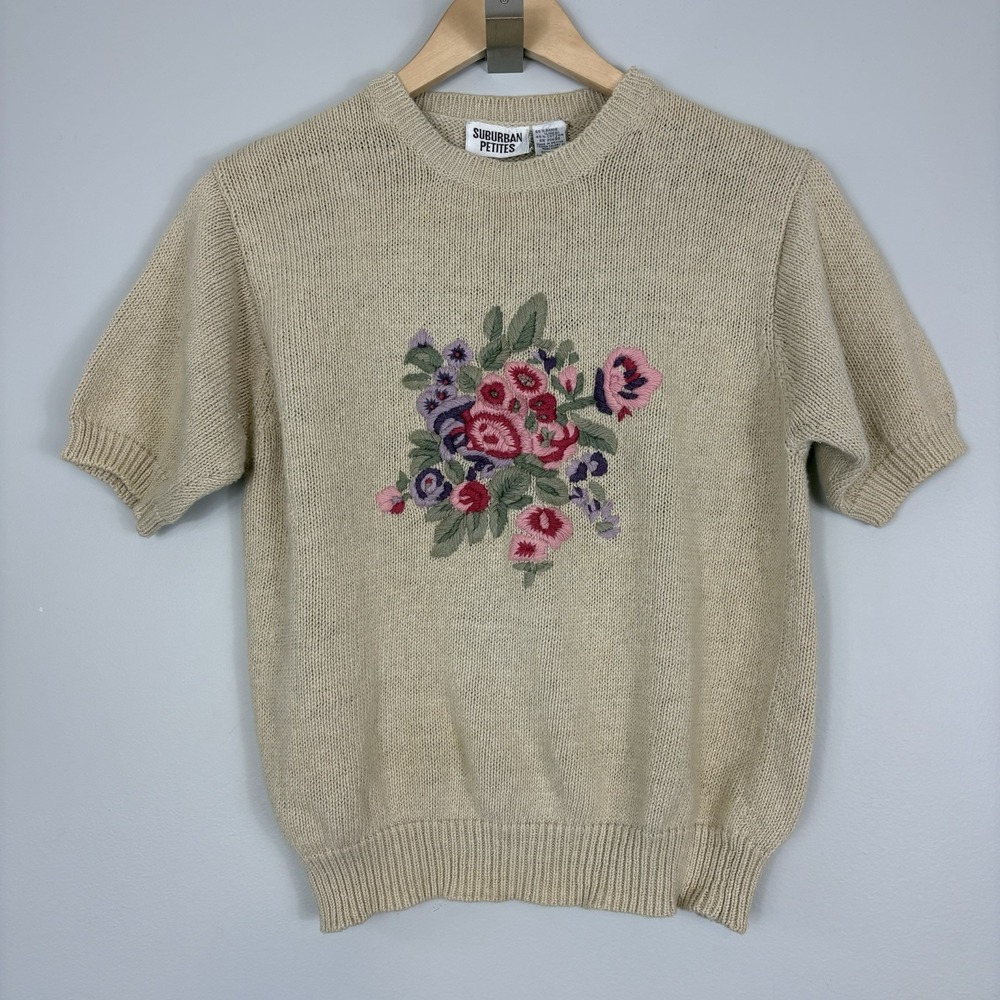 Vtg 90s Sweater Sz M Petite Short Sleeve Embroidered Floral Grandma Cottagecore